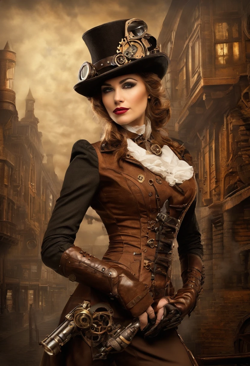 A close up of a woman in a steampunk outfit holding a gun - SeaArt AI