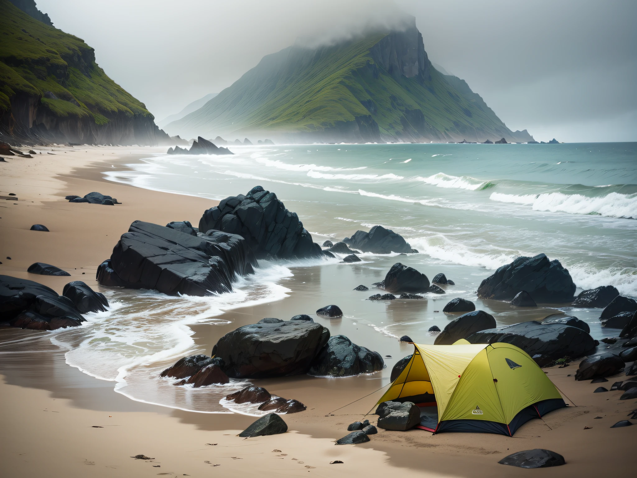 a small old camping tend at a deserted beach, misty and rainy weather