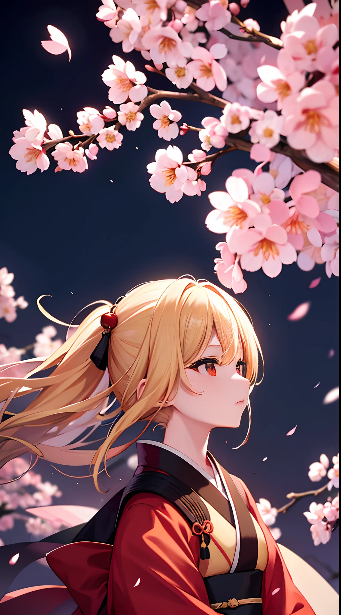 One blonde girl, Red eyes, Night background, Moon and cherry blossoms, Fluffy kimono,