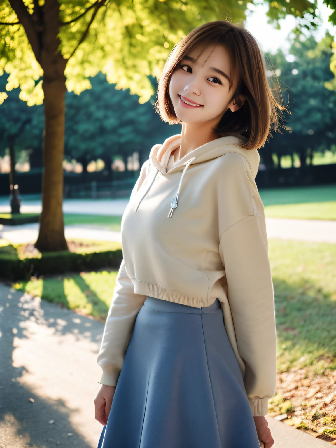 top-quality、ultra-detailliert、​masterpiece、realisitic、Photo Real、one girls、(Cute 17 year old girl、small head)、(kawaii:1.2)、huge smile、(Brown hair、Short bob hair)、eyes are brown、perfect glossy skin、((A slender))、((Perfect body))、accurate depiction、Light blue hoodie、skirt by the、large full breasts、Bright lighting、Sunnyday、a park、Blur the background