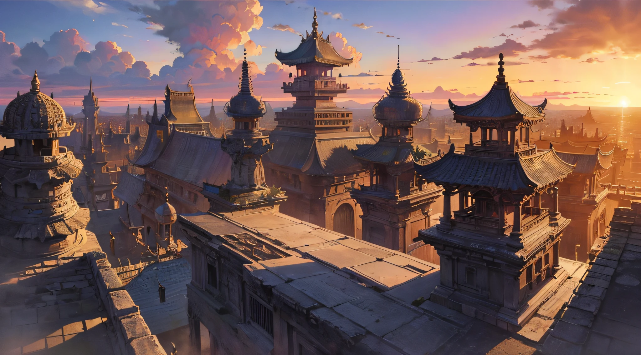 ((Need)), ((tmasterpiece)), (A detailed), In the middle of an endless desert,There is a dilapidated temple。This temple has a long history,But now it has been eroded by wind and sand,There are almost no complete walls and roofs。The only one who can recognize it as it is,It was those mottled stone statues, (fantasy illustrations:1.3), otherworldly charm, Mysterious Sky, (Luis Royo:1.2), (Yoshitaka Amano:1.1), eventide, pastelcolor, (Detailed cloud view:1.3), (A high resolution:1.2) --auto