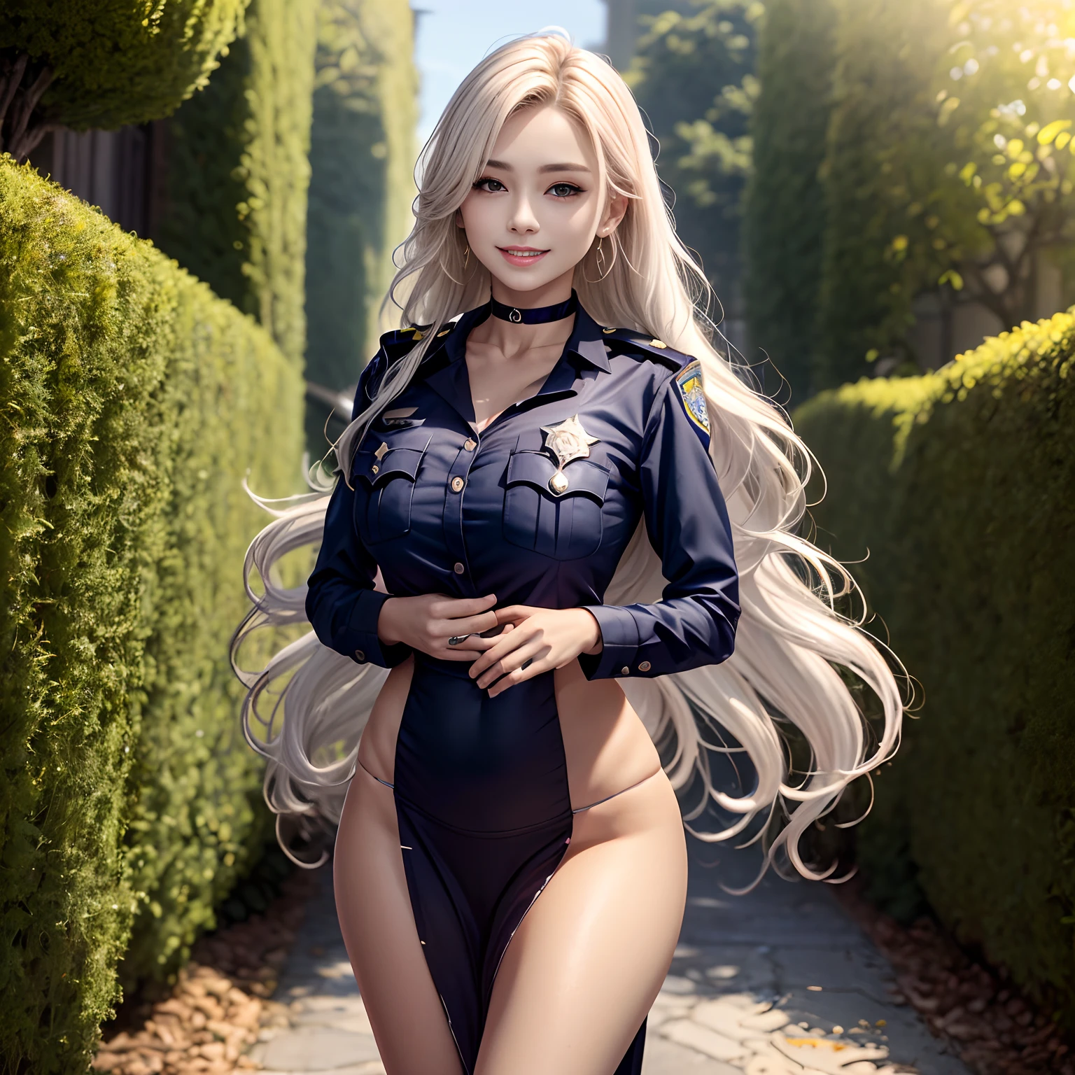 (8K,tmasterpiece:1.2),(Hyper-detailing),(ssmile:1.1),((wavy white long hair):1.3,beatiful detailed eyes,Light makeup,choker necklace,ear jewelry,Pink and moist lips,full body shot of),Two slender women,red color eyes,Lively streets,Absurd long white hair,(Police uniform),(Black combat uniform),Female police,Cocked buttocks,((Stretch meat,Fair and moisturized skin)),Be dignified and religious,),(The atmosphere is ambiguous,misty background,a fairy world:1.2),(long white hair)