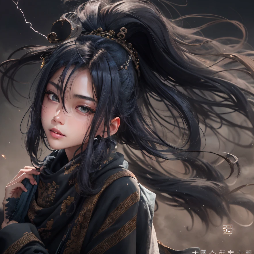 Side CG,In particular，Side 32K，exteriors，Roof，People are small（tmasterpiece，k hd，hyper HD，32K）Long flowing glossy black hair，Tang dynasty complex，zydink， a color，废墟（canyons）， （Linen batik scarf）， Combat posture， looking at the ground， Linen bandana， Chinese python pattern long-sleeved garment， 废墟（Abstract gouache splash：1.2）， Dark clouds lightning background，Sprinkin（realisticlying：1.4），Black color hair，The dust is blowing，Background fog， A high resolution， the detail， RAW photogr， Sharp Re， Nikon D850 Film Stock Photo by Jefferies Lee 4 Kodak Portra 400 Camera F1.6 shots, Rich colors, ultra-realistic vivid textures, Dramatic lighting, Unreal Engine Art Station Trend, cinestir 800，Flowing glossy black hair,（（（National style building）））Full-body side