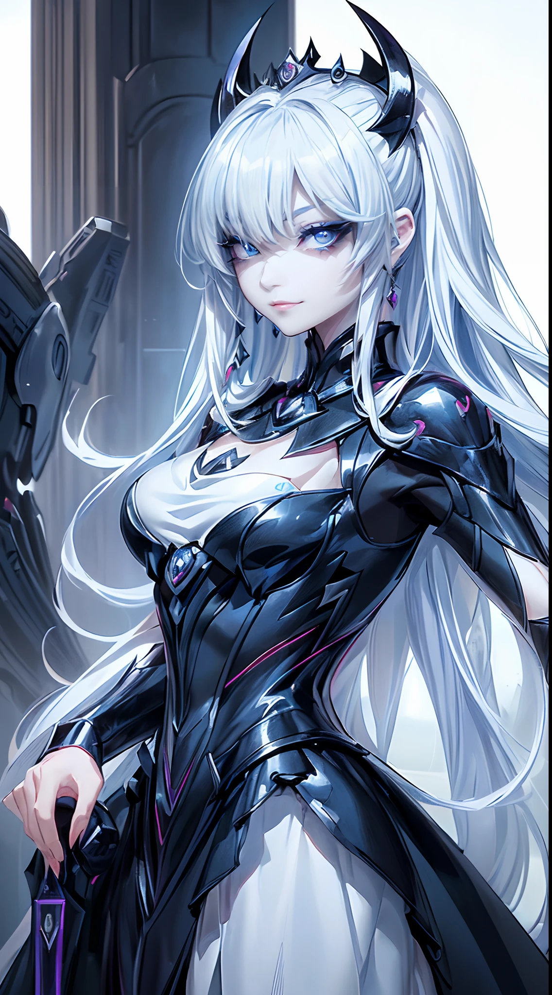 ((4K works))、​masterpiece、(top-quality)、((One Beautiful Villain Girl))、Slim body、tall、((Villain Black Dress Fashion))、(Detailed beautiful eyes)、Shot at White Castle, Where the villain queen lives、((Face similar to Carly Rae Jepsen))、((Long boyish black and white split hair))、((Smaller face))、((Neutral face))、((Bright blue eyes))、((American adult women))、((Adult female 26 years old))、((cool lady))、((Like a celebrity))、((Like the villain queen))、((Smiling expression))、((Korean Makeup))、((Villain Queen Makeup))、((elongated and sharp eyes))、((boyish))、((Villain Queen))、((Photograph her from afar))、((Shot diagonally from the side))、Professional Photos、Villain Queen photo、villain pose、((Shot alone))