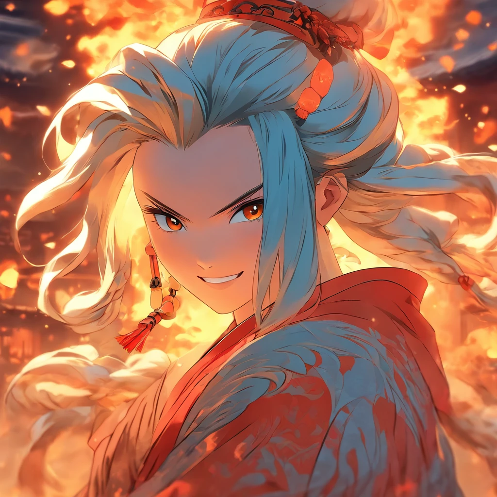 ember,Twenty years old,long whitr hair,Happy expression,Ancient Chinese style,Kiya background,4k,tmasterpiece