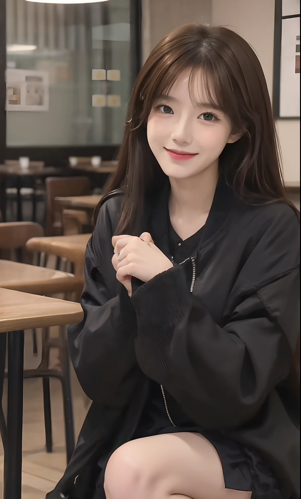 Woman sitting on chair in café、((top-quality、8K、​masterpiece：1.3))、foco nítido：1.2、Beautiful Women in Perfect Style：1.4、Slender Abs：1.2、((dark brown hair、Colossal tits：1.2))、(Black jacket、Black miniskirt)、Highly detailed facial and skin texture、A detailed eye、二重まぶた、A smile、