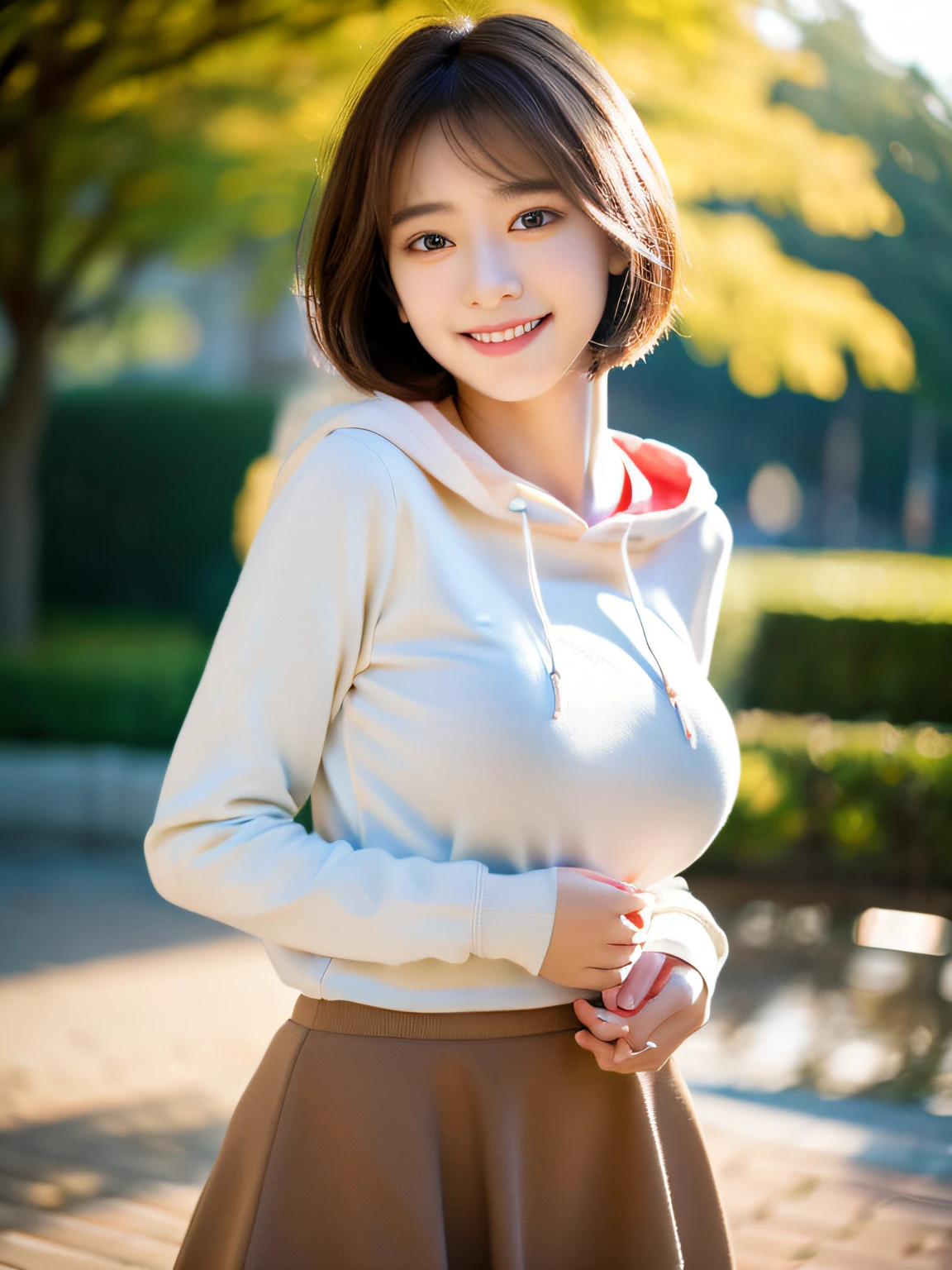 top-quality、ultra-detailliert、​masterpiece、realisitic、Photo Real、one girls、(Cute 17 year old girl、small head)、(kawaii:1.2)、huge smile、(Brown hair、Short bob hair)、eyes are brown、perfect glossy skin、Double eyelids、with round face、((A slender))、((Perfect body))、accurate depiction、Light blue hoodie、skirt by the、large full breasts、Focus on the chest、Bright lighting、a park、Blur the background