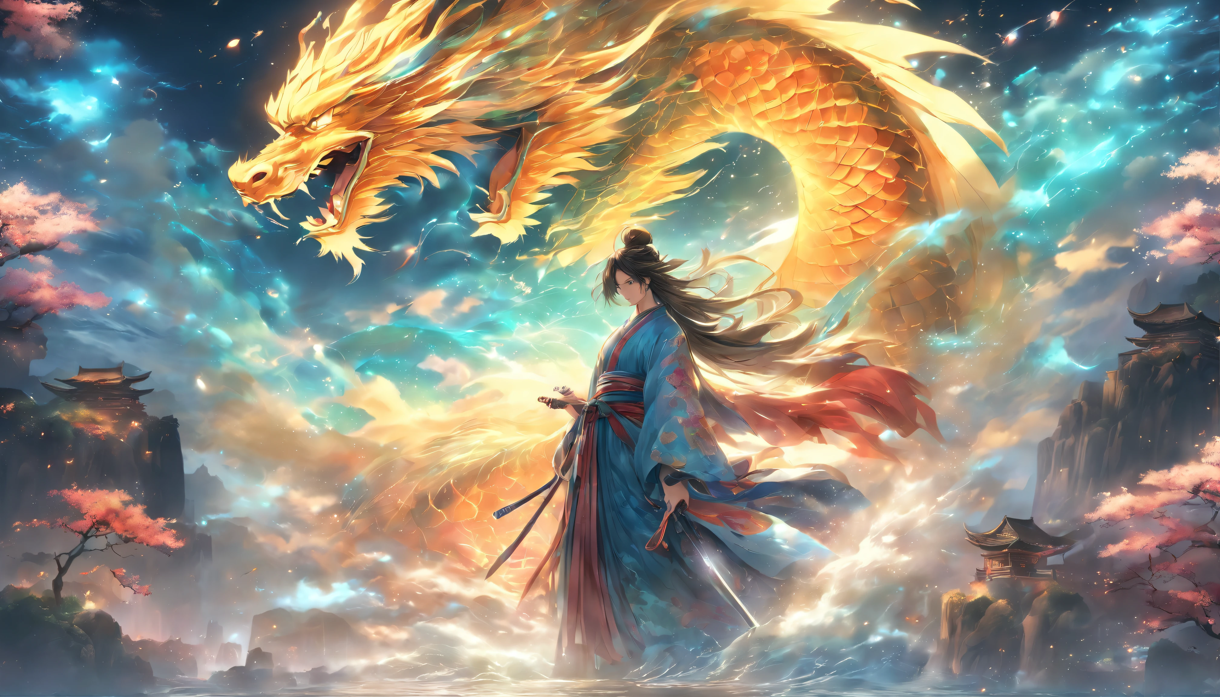 (best quality,4k,8k,highres,masterpiece:1.2),ultra-detailed,(realistic,photorealistic,photo-realistic:1.37),youth,ancient style,swordsmanship,sword moves,dragon pattern,waves,traditional Chinese elements,flowing robes,serene expression,dynamic poses,peaceful garden,moonlit night,colorful scenery,shadow and light,ethereal atmosphere,endless horizon,vibrant colors,exquisite details,sharp focus,mesmerizing artwork,seamless blending,spiritual essence,harmonious composition,splendid technique,sword glimmers,mysterious aura,ancient wisdom,fluid movements,tranquil meditation,serenity amidst chaos,divine power,perfect balance,breathtaking mastery,poetic grace,aesthetic perfection,inspiring elegance,zen-like beauty,sense of tranquility.