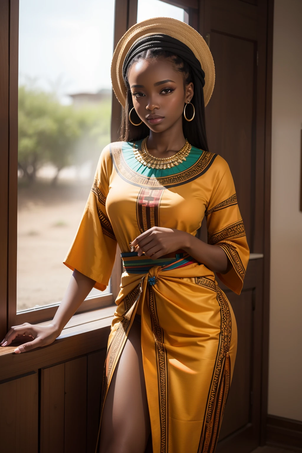 (masterpiece), (best quality), 8k resolution, 1girl, stunning beauty, perfect face, mature female, 18yo, sexy, African traditional clothes