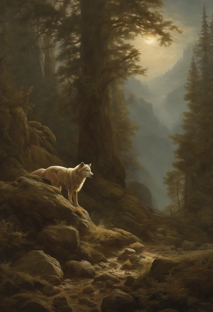Arte por Aaron Horkey, , , ultra altamente detalhado, 32k, foco nítido, Luminismo, Detailed oil painting, lua, detailed sky, Lobo Escuro com grande altamente detalhado, Directed by: Anato Finnstark . paisagem detalhada, Aesthetics of Northern Tales, dynamic movement, grandes olhos reflexivos, Floresta,brilhante, folhas rodopiantes, Neblina esmeralda, mistic, Antecedentes complexos, dynamic lighting, Luzes, Pose intrincada, filigrana altamente detalhada, intrincado, Barroco, Escola do Rio Hudson, Thomas Cole, master part
