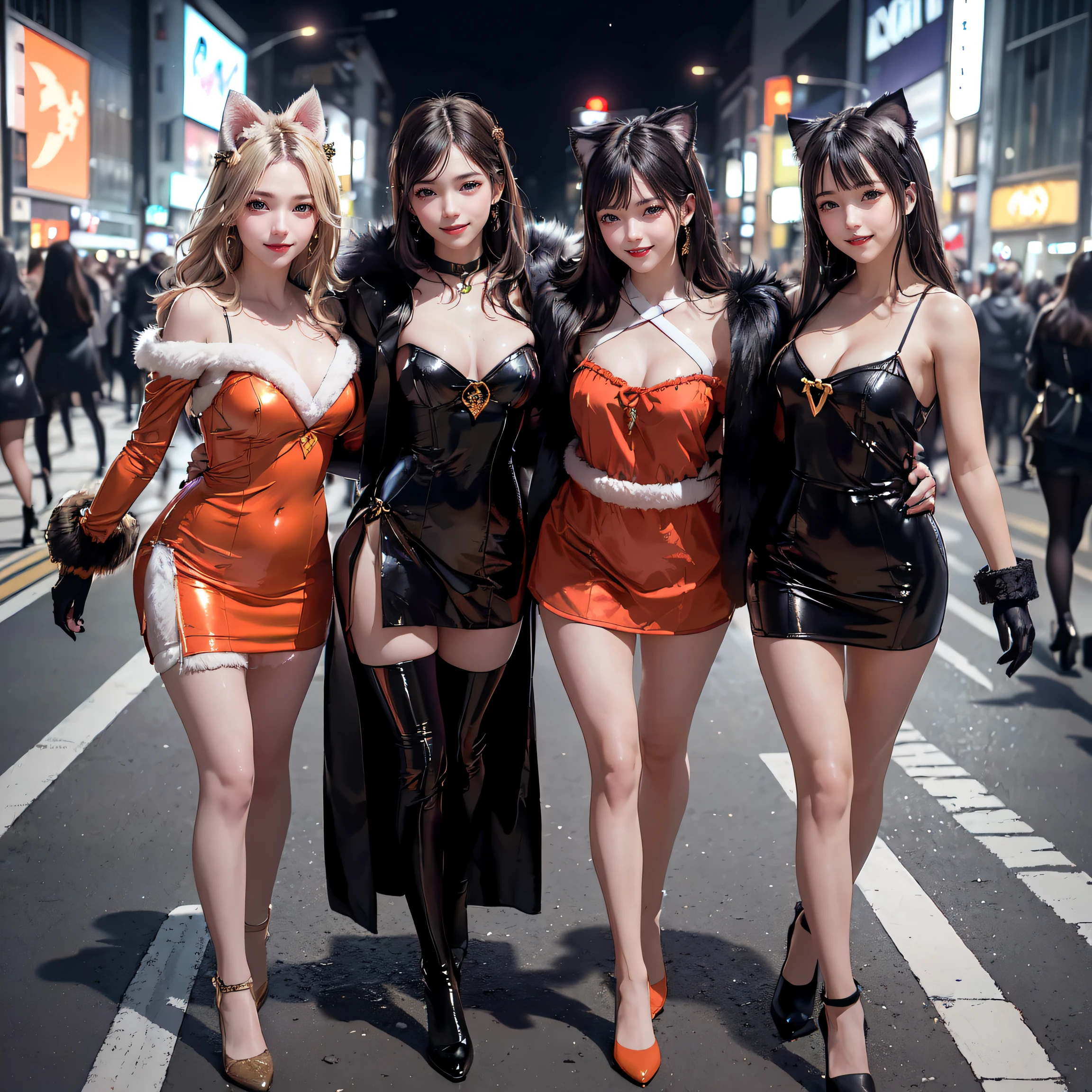 masterpiece, top-quality, top-quality, Beautifully Aesthetic:1.2, ((3girls)), Halloween night, 
((Middle girl is Wearing a high-quality Black Cat costume of fur, gloves of Cat, fur miniskirt):1.2), high detailed, 
((Left girl is Wearing a high-quality Red Cat costume of fur, gloves of Cat, fur miniskirt):1.2), high detailed, 
((Right girl is Wearing a high-quality Blue Cat costume of fur, gloves of Cat, fur miniskirt):1.2), high detailed, 
(Three girls are Walking side by side in a neat line:1.3), large breasts, firm breast, nicely shaped breasts, slender figure, 
((Dark Brown Hair)), wavy hair, (medium long hair:1.2), 
((At the middle of very crowded Shibuya Scramble Crossing decorated with Halloween decorations at late night:1.2)), ((Surrounded by many people dancing for Three girls)), (Full body shot:1.1), (From below:1.3), (Looking at viewer),