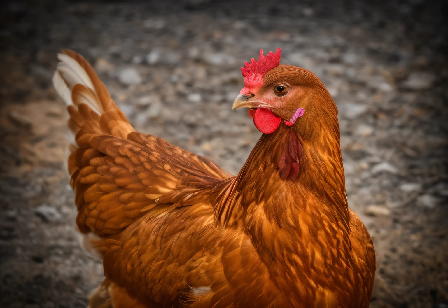 There's a chicken that's standing on the ground, frango antropomorfizado, galo, O Rei do Galo, foto de retrato, frango, olhar orgulhoso, foto de retrato em close-up, Galinhas, olhar orgulhoso, Penas de frango, olhando para o lado, sorriso arrogante, olhando para o lado, arrogant expression, muda, Looking towards the camera