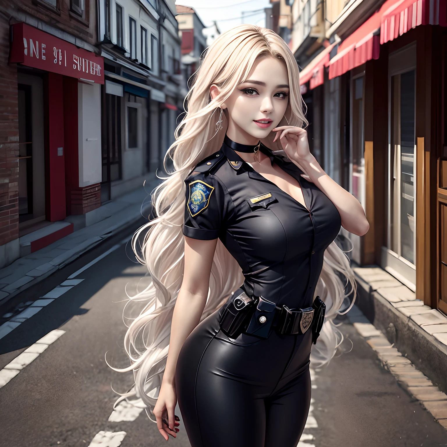 （8K，tmasterpiece：1.2），（Hyper-detailing），（ssmile：1.1），（（wavy white long hair）：1.3，beatiful detailed eyes，Light makeup，choker necklace，ear jewelry，Pink and moist lips，full body shot of），Two slender women，red color eyes，Lively streets，Absurd long white hair，（Police uniform），（Black combat uniform），Female police，Cocked buttocks，（（Stretch meat，Fair and moisturized skin）），Be dignified and religious，），（The atmosphere is ambiguous，misty background，a fairy world：1.2），（long  white hair）