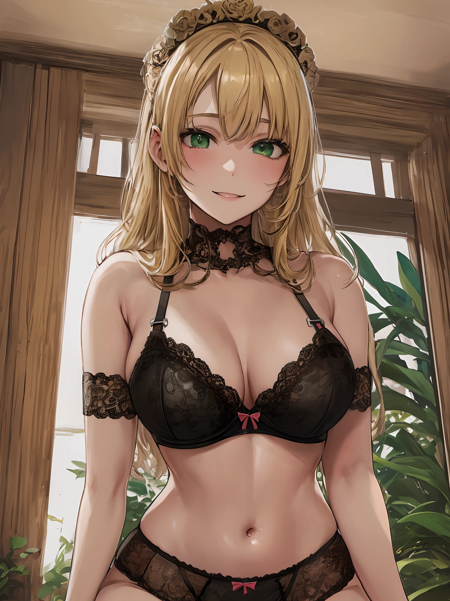 beautiful blonde girl green eyes smiling looking sexy at camera with secy pose wearing black lace panties and bra over large breasts and visable outline of --auto --s2