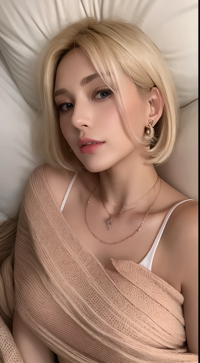 ((Best Quality, 8K, masutepiece :1.3)), Sharp Focus :1.2, Female sexy. 36-years old. ((Sexy Barbie))Angled blonde bob. jewely. earrings. Necklace ((Wrapped in a blanket. Bare shoulder))Sitting woman passionate about sex. ° Seductive figure on bed, Charming, Voluptuous, skinny, slim.skinny, Little chess, perfect chest((Detailed texture of tattooed skin))