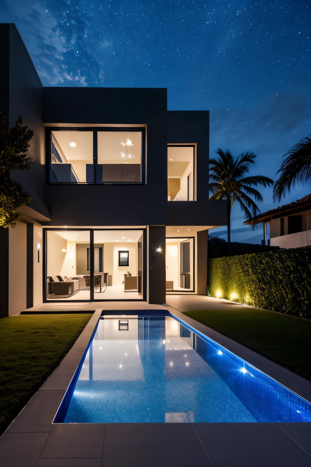 ((Fachada frontal)) residencial moderna. night sky. Fantastic lighting. Paineis de vidro. Casa dois pavimentos