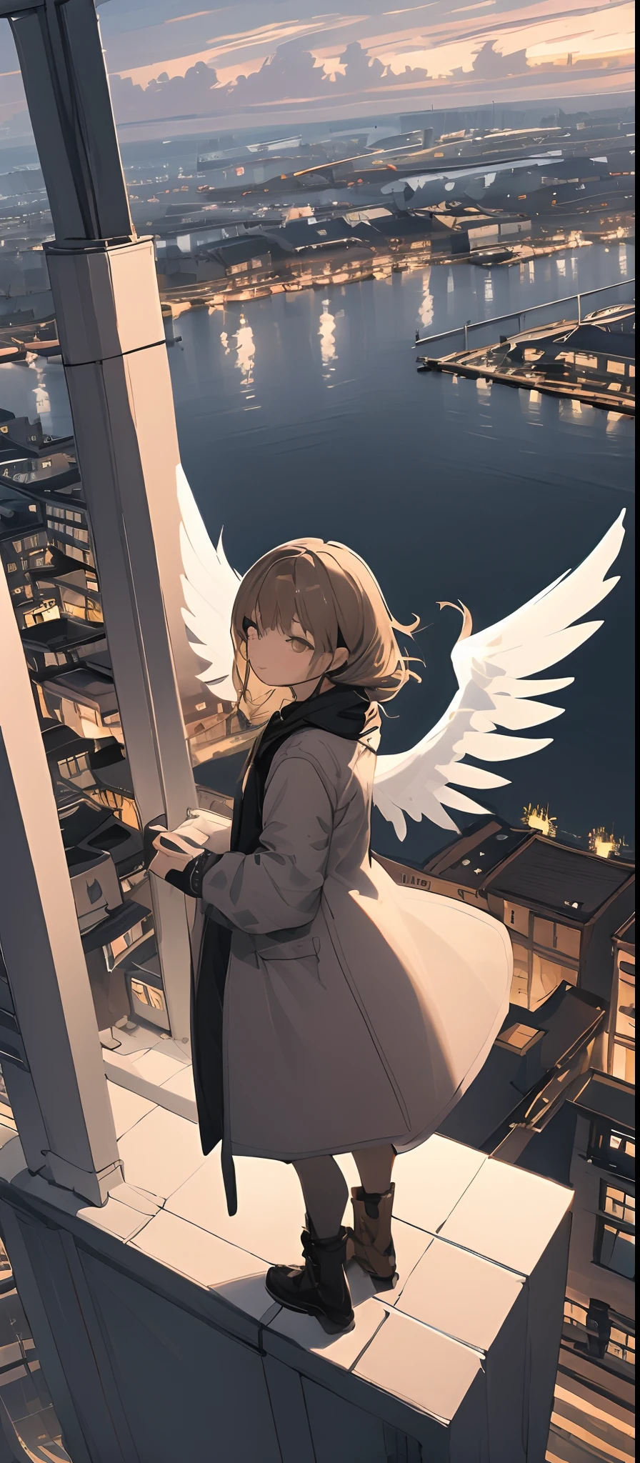 (​masterpiece、top-quality),From  above, 1girl in, 独奏, (Feather wings:1.2), signboard, brown-eyed, brown haired, built, city nigth, cloudy ash sky, coat, boots, cranes \(machines\), Dutch angle, From the side, Light frown, Look at viewers, plein air, On the rooftop, Skysky, skyscraper、natta、stele