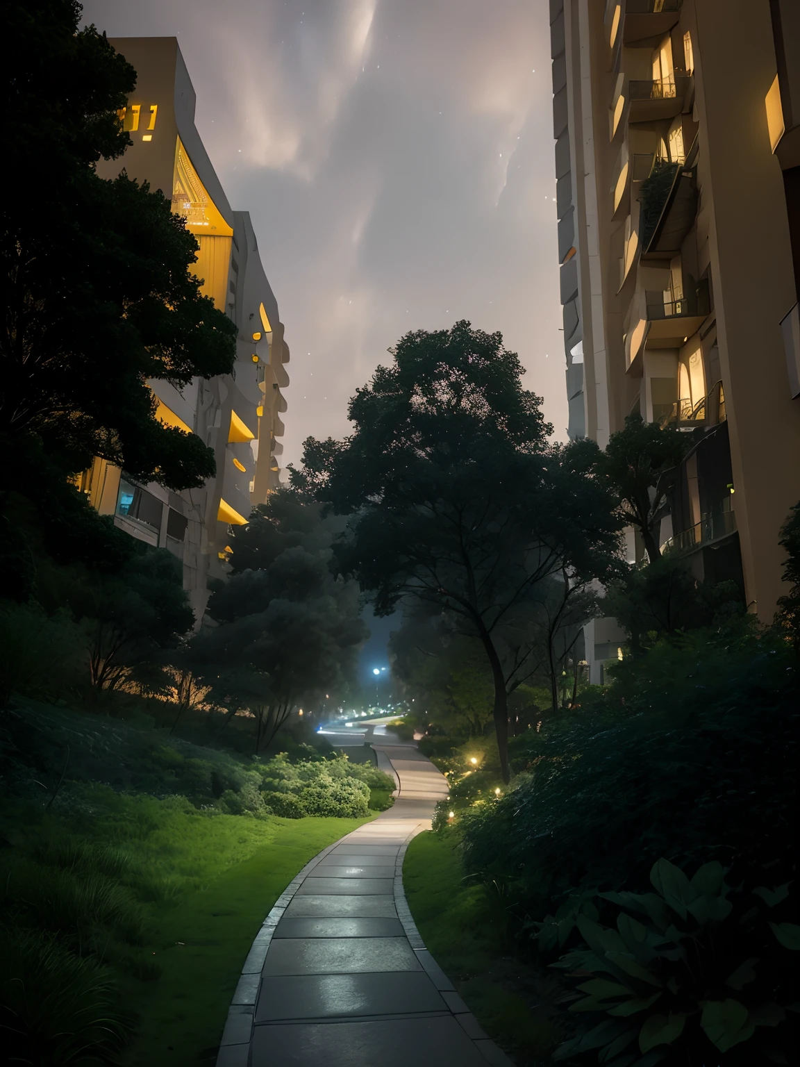 Alafid view of the trails in the park at night, 2 4 mm ISO 8 0 0, wide angle shot 4 k hdr, 2 4 mm iso 8 0 0 color, taken with a Sony A7R camera, 8K 50mm ISO 10, city lights made of lush trees, nighttime photography, with glowing lights at night