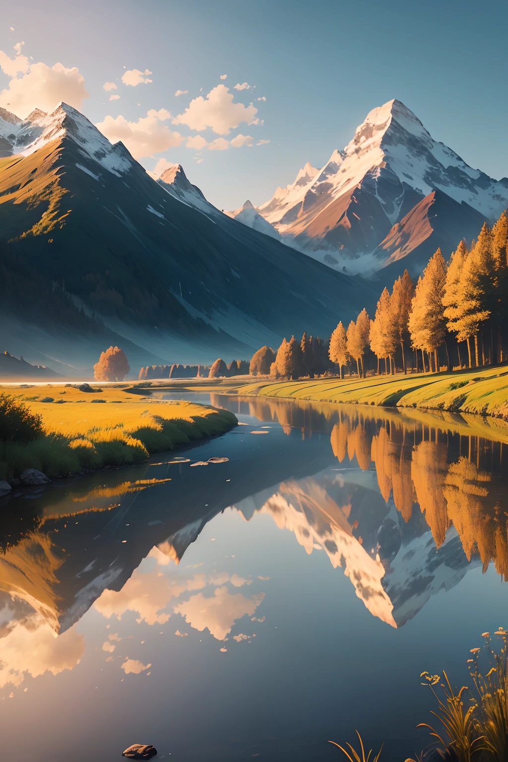 ((masterpiece, best quality, cinematic, photorealistic, ultra-detailed)), a field full of colorful, vibrant, and diverse flowering plants, the backdrops should feature a clear, ((sunrise)), with majestic mountains and distant trees on the horizon, above, fluffy nimbus clouds adding a touch of drama to the scene, in the foreground, a crystal-clear river winds its way through the field, reflecting the beauty of the flora and the vastness of the sky