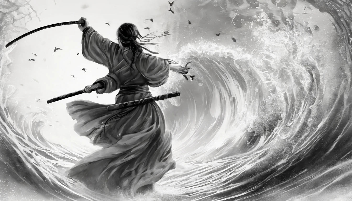 (best quality,4k,8k,highres,masterpiece:1.2),ultra-detailed,(realistic,photorealistic,photo-realistic:1.37),swordplay,cultural,traditional Chinese style,young martial artist,beautiful detailed eyes,beautiful detailed lips,flowing water,swirling sword technique,dynamic pose,masterful stroke,crashing waves,jade hilt,subtle bamboo motif,splashing droplets,distinctive ink wash style,vibrant colors,graceful movements,embracing nature,serene background,powerful waves,zen-like focus,splendidly crafted sword,rippling reflections,poised stance,ephemeral mist,vividly depicted warrior,journey of self-discovery,skillful maneuvers,harmonious blend,meditative atmosphere,artistic martial arts,skill honed by discipline,lithe physique,floating lotus petals,soaring spirit,tranquil rhythm,impressive techniques,flowing robe,swaying reeds,scenic landscape,wind-swept hair,picturesque scenery,gentle breeze,inner strength,dynamic energy,graceful watercolor strokes.