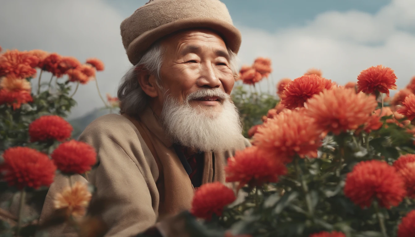 High quality, Masterpieces:1.2), illustration, An old Chinese man with a chrysanthemum on his head,Young people support the elderly】 Celebrate Double 9 with your eyes closed,Young people help the old man smile, A lively chrysanthemum festival, Charming smile, Close-up of mountaineering and elevation in the distance