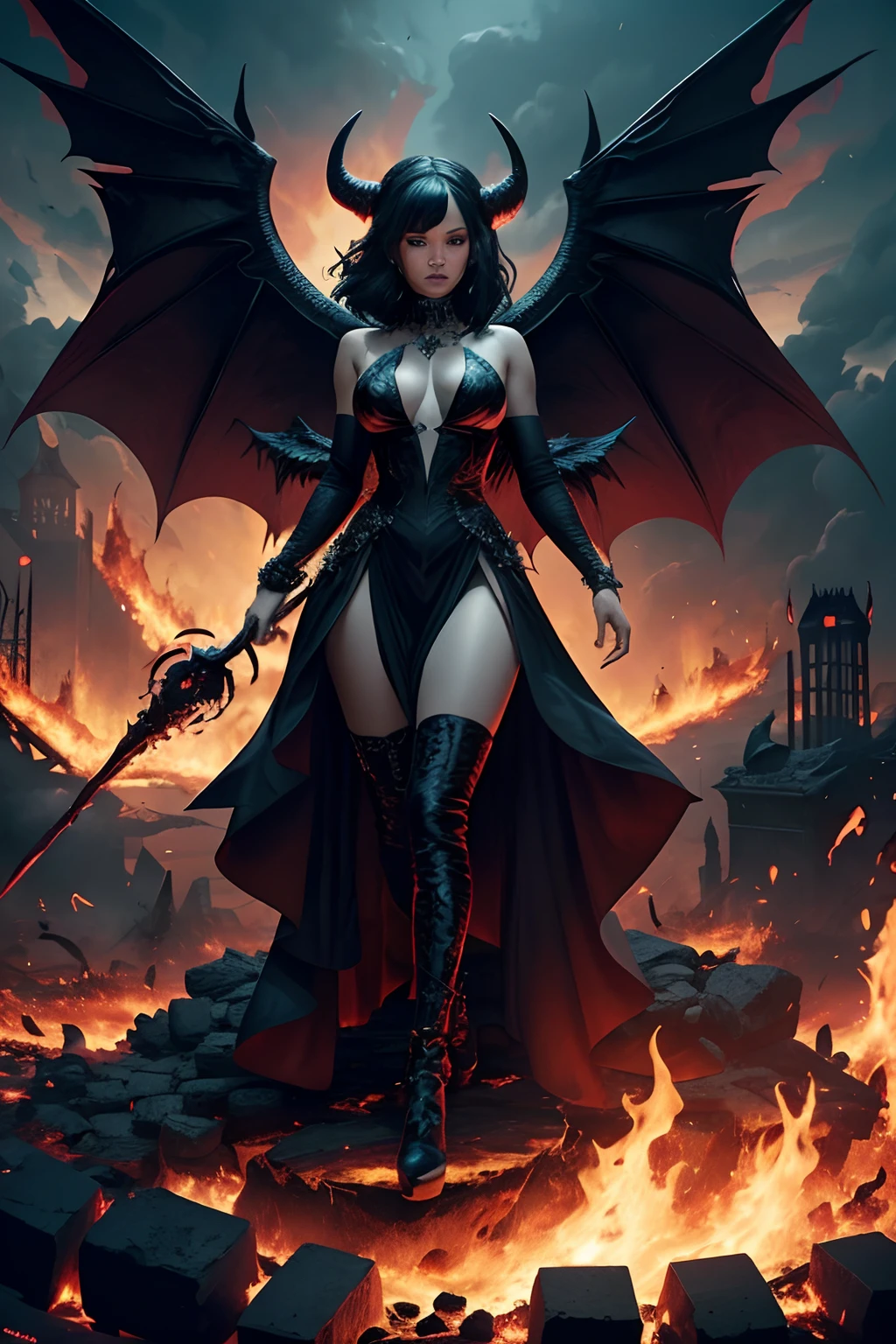 Ultra-detailed Rihanna stands atop a pile of burning ruins, Her diabolical and insidious presence radiating from her dark crown and black and red evil queen dress................................................................ Her demon wings on her back and demon horn give her an invincible aura as she unleashes a powerful wave of destruction with a single gesture..............................................................................................................................