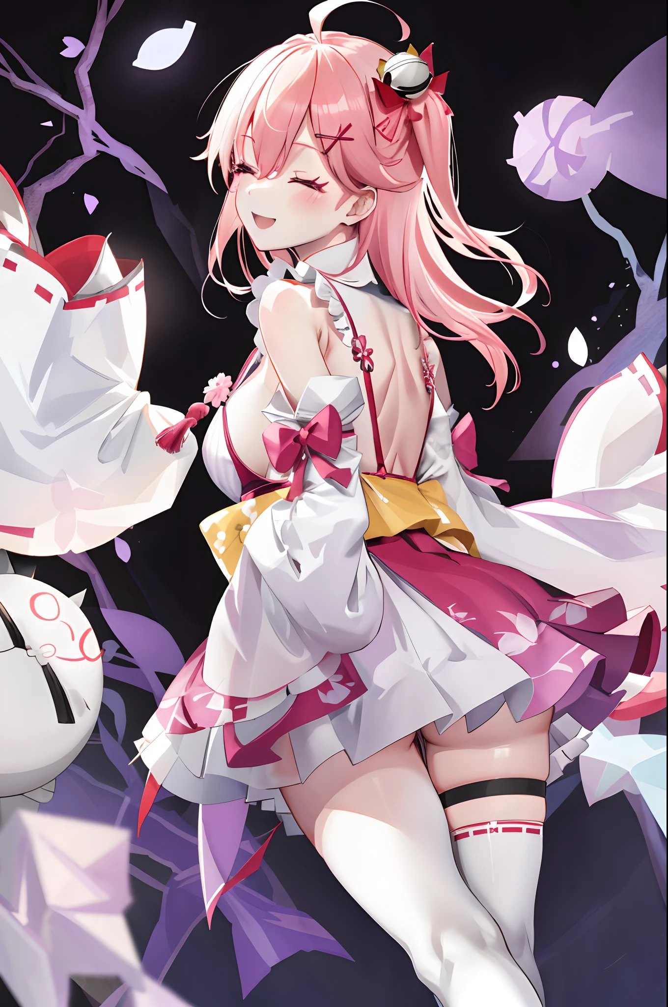 masterpiece, best quality, highres, miko1, sakura_miko, 1girl, big_boobs, solo, ahoge, x_hair_ornament, pink_hair, floral print, hairclip,(side_less_clothes:1.5), (side_boobs:1.5), hair_bell, floral print, long_hair, hair between eyes, one side up, white thighhighs, asymmetrical legwear, wide sleeves, open_mouth,(happy:1.3),close_eyes,big_smile,rising_leg,plump,apart_legs,(overly_long_sleeves:1.3),(beautiful_fingers),sleeves_past_wrists,hands_hidden_sleeves,sidelock_clothes,dynamic_posing,solo,hidden_wrists,(XD:1.4),