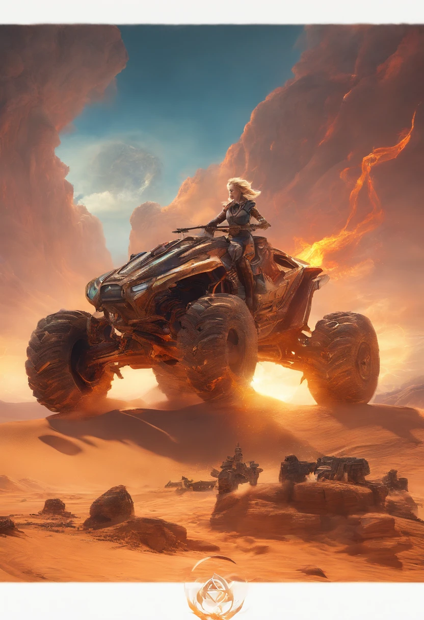 Crazy Max style photo of young woman, Blonde braids, mecha armor, Drive a dune buggy, Desert beach, dust cloud, Abstract beauty, near-perfect, Pure form, intricately details, mushroom cloud, Winner of the Cinematography of the Year, the world on fire, Military photography of post-apocalyptic hellish landscapes, Photography epic of the year, Flames on the horizon, epic cinematic shot, Pure form, intricately details, 8K post-production, high resolution, Super detail, trending on artstationh, Sharp focus, Studio photos, intricately details, Very detailed, by Greg Rutkowski, 8