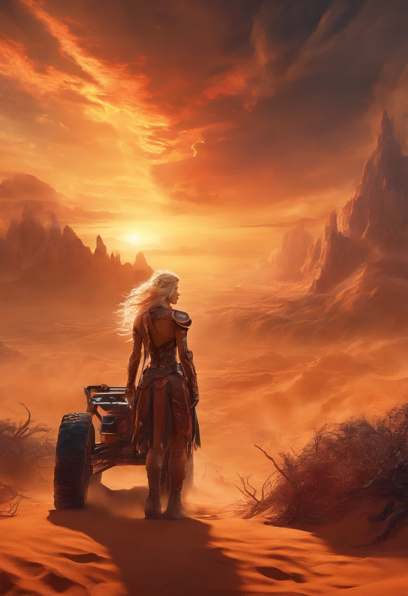 Crazy Max style photo of young woman, Blonde braids, mecha armor, Drive a dune buggy, Desert beach, dust cloud, Abstract beauty, near-perfect, Pure form, intricately details, mushroom cloud, Winner of the Cinematography of the Year, the world on fire, Military photography of post-apocalyptic hellish landscapes, Photography epic of the year, Flames on the horizon, epic cinematic shot, Pure form, intricately details, 8K post-production, high resolution, Super detail, trending on artstationh, Sharp focus, Studio photos, intricately details, Very detailed, by Greg Rutkowski, 8