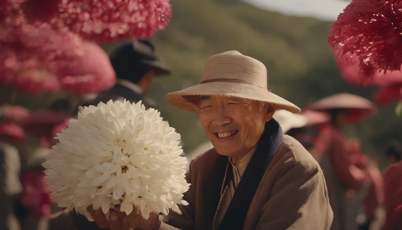 "(best quality,highres,masterpiece:1.2),illustration,elderly Chinese man wearing a chrysanthemum hat, young person supporting the elderly】 Celebrating Chongyang Festival with closed eyes, young person smiling while supporting the elderly, lively Chrysanthemum Festival, captivating smile, close-up of climbing a mountain in the distance"