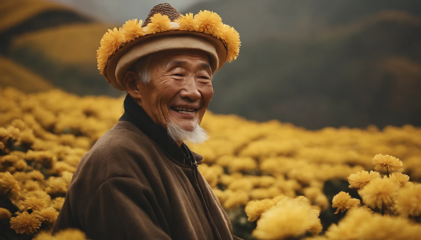 "(best quality,highres,masterpiece:1.2),illustration,elderly Chinese man wearing a chrysanthemum hat, young person supporting the elderly】 Celebrating Chongyang Festival with closed eyes, young person smiling while supporting the elderly, lively Chrysanthemum Festival, captivating smile, close-up of climbing a mountain in the distance"