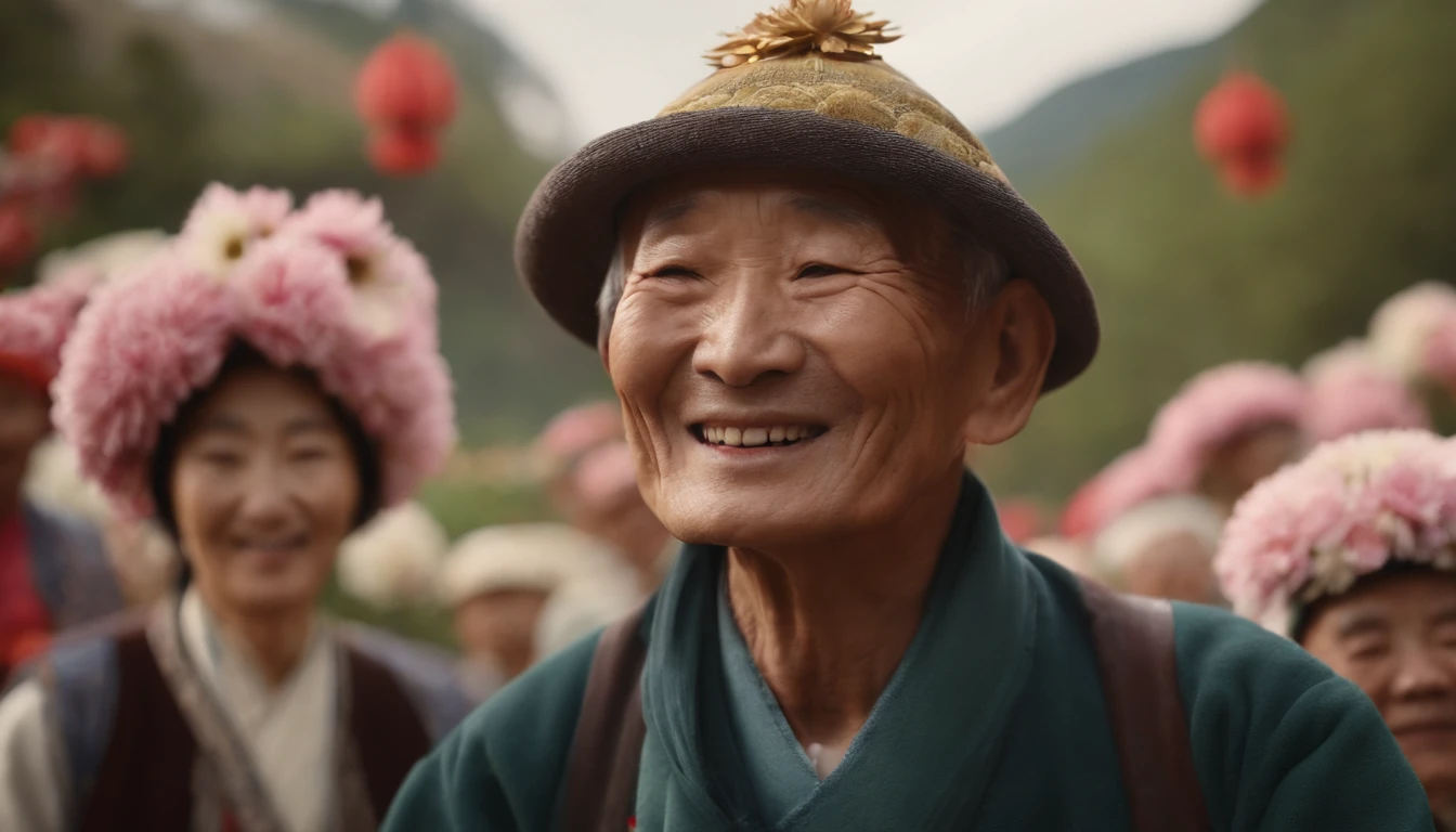 "(best quality,highres,masterpiece:1.2),illustration,elderly Chinese man wearing a chrysanthemum hat, young person supporting the elderly】 Celebrating Chongyang Festival with closed eyes, young person smiling while supporting the elderly, lively Chrysanthemum Festival, captivating smile, close-up of climbing a mountain in the distance"