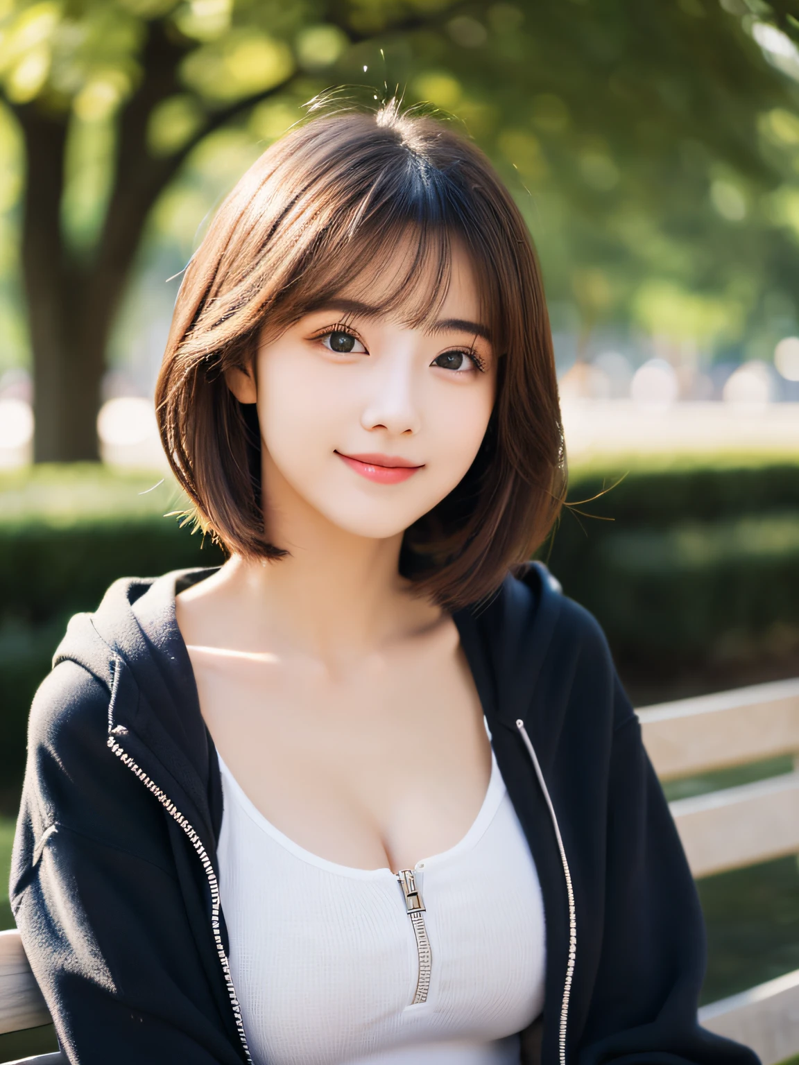 top-quality、ultra-detailliert、​masterpiece、realisitic、Photo Real、one girls、(Cute 17 year old girl、small head)、(kawaii:1.2)、huge smile、(Brown hair、Short bob hair)、eyes are brown、perfect glossy skin、Double eyelids、with round face、((A slender))、((Perfect body))、accurate depiction、Hoodie with zipper、sitting on、large full breasts、Focus on the chest、Bright lighting、a park、Blur the background