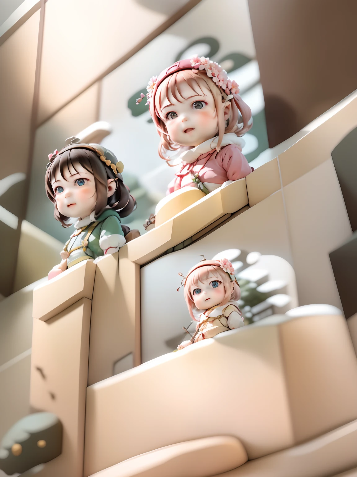 (Daisaku), (Extreme Quality), (Super Meticulous), (Full Body: 1.2), 1girl, Chibi, Cute, Smile, Open Mouth, Flower, Outdoor, Play Guitar, Music, Berets, Hold Guitar, Coat, Blush, Tree, :3, Shirt, Short Hair, Cherry Blossoms, Green Headgear, Confusion, Brown Hair, Blush Sticker, Long Sleeves, Bangs, Headphones, Brunette Hair, Pink Flower, (Beautiful and Delicate Face), (Beautiful and Delicate Eyes), A Group of Friends