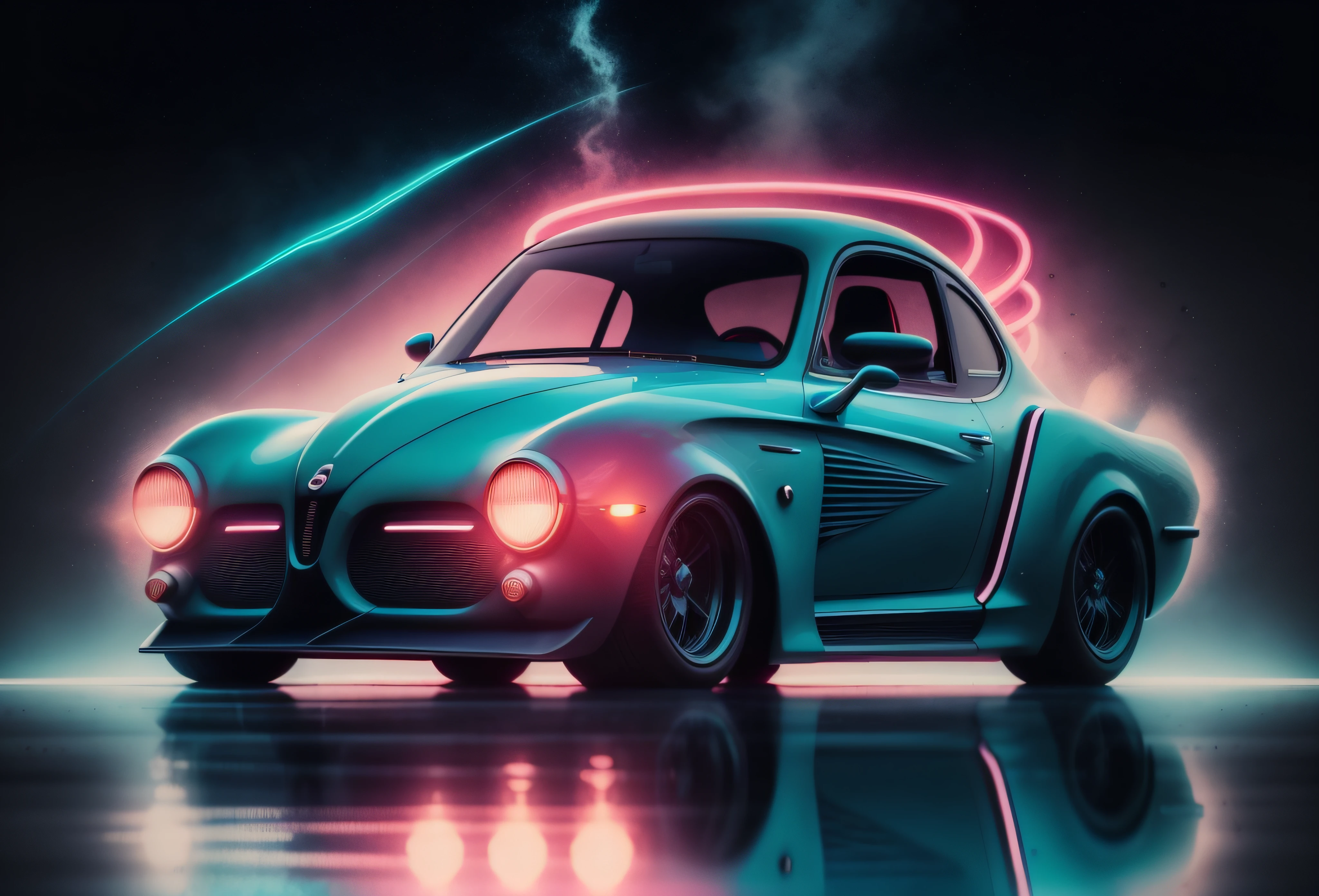 EStilo futurista, luces de neon, Un primer plano de un coche, fondo futuristico de noche, luces de neon, cuerpo ancho, Surrealist illustration, Arte oscuro surrealista, obra maestra, hiperrealista, lluvia, alta definicion