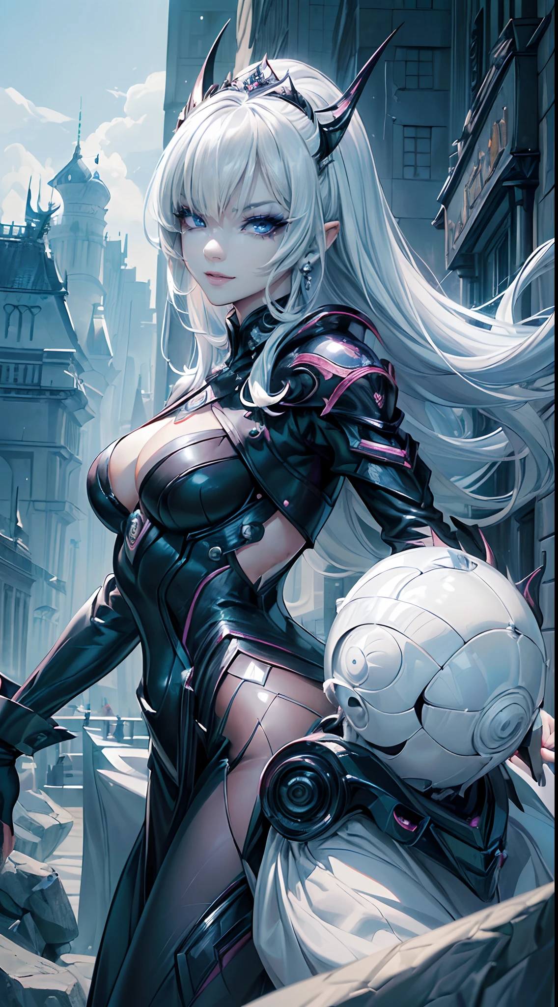 ((4K works))、masterpiece、(top-quality)、((One Beautiful Villain Girl))、Slim body、tall、((Villain Black Dress Fashion))、(Detailed beautiful eyes)、Shot at White Castle, Where the villain queen lives、((Face similar to Carly Rae Jepsen))、((Long boyish black and white split hair))、((Smaller face))、((Neutral face))、((Bright blue eyes))、((American adult women))、((Adult female 26 years old))、((cool lady))、((Like a celebrity))、((Like the villain queen))、((Smiling expression))、((Korean Makeup))、((Villain Queen Makeup))、((elongated and sharp eyes))、((boyish))、((Villain Queen))、((Photograph her from afar))、((Shot diagonally from the side))、Professional Photos、Villain Queen photo、villain pose、((Shot alone))