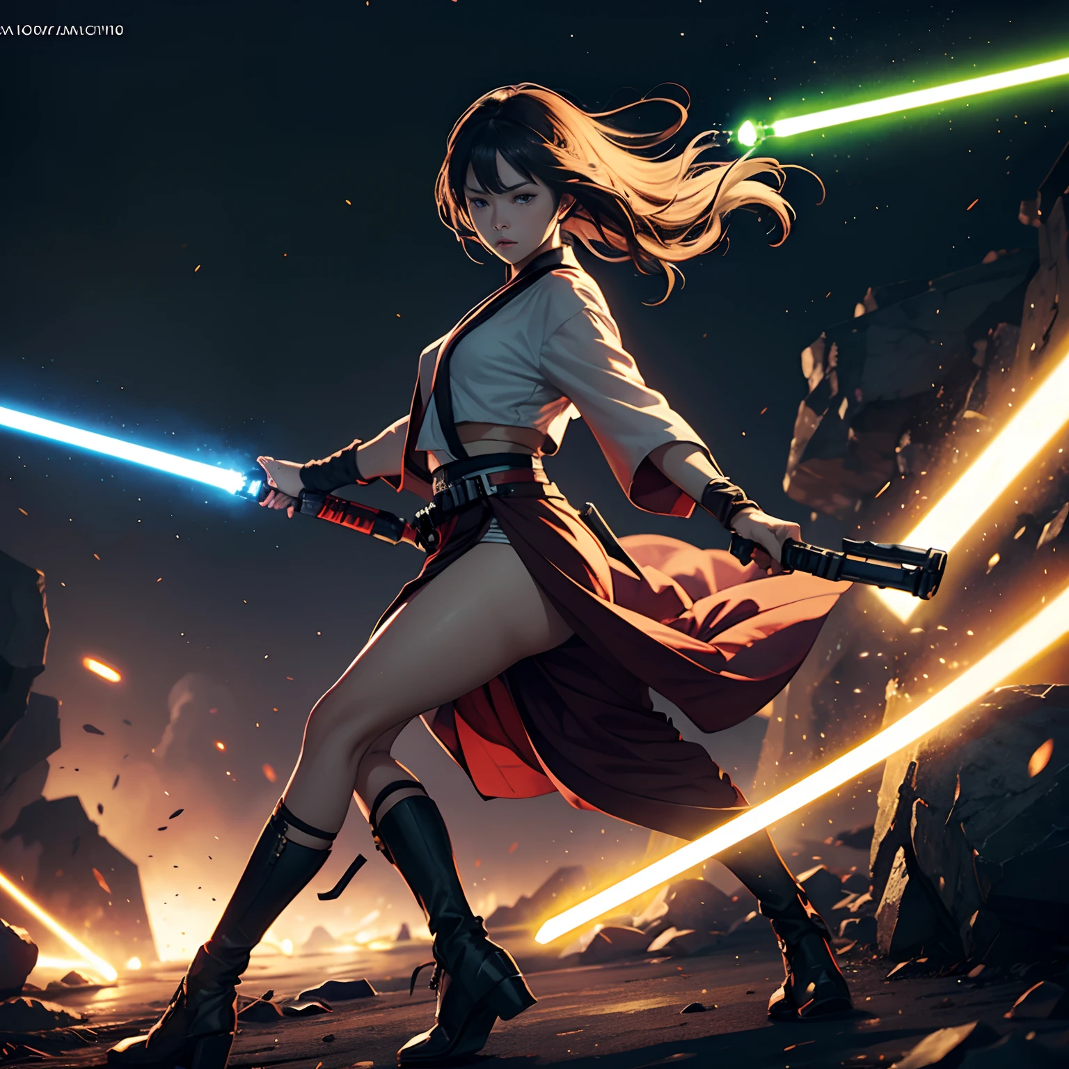 A very beautiful female gaming character, standing in aggressive pose, very pretty girl, with proud looks, heavy fire in the background, blue eyes, pretty red lips, white face, ultra high definition, awesome clothing, gorgeous, classy, medium-short length hair, high pony.