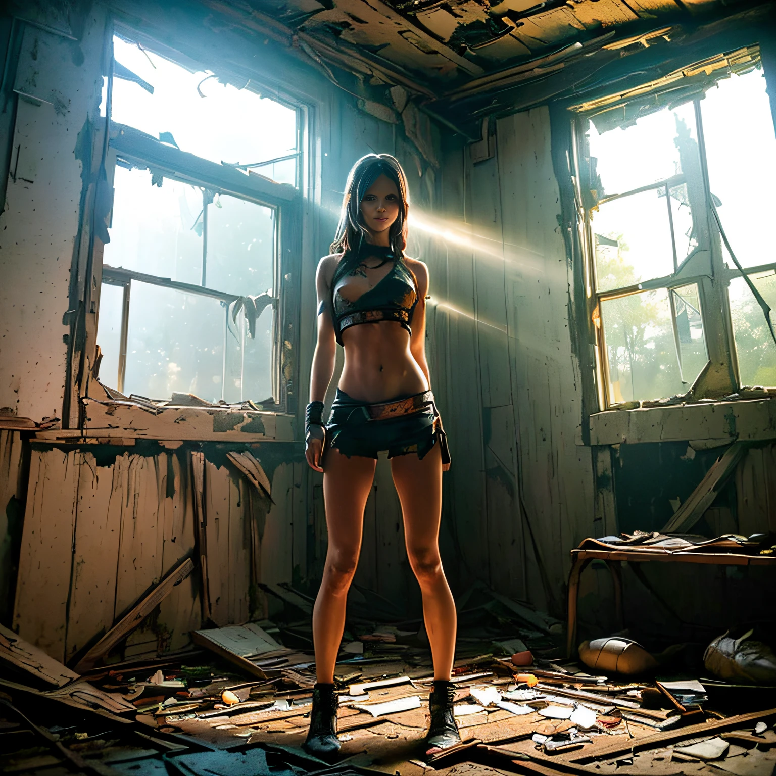 (((High quality))), (((Ultra-detailed))), ((half body Shot)), a skinny mma fighter woman, sad, ((looking distantly)), ((Light is illuminating the head)),, Inside an abandoned house, ((Sunlight shines through a broken window in the background)), (((psychedelic lights flit around the ruined abandoned room))),