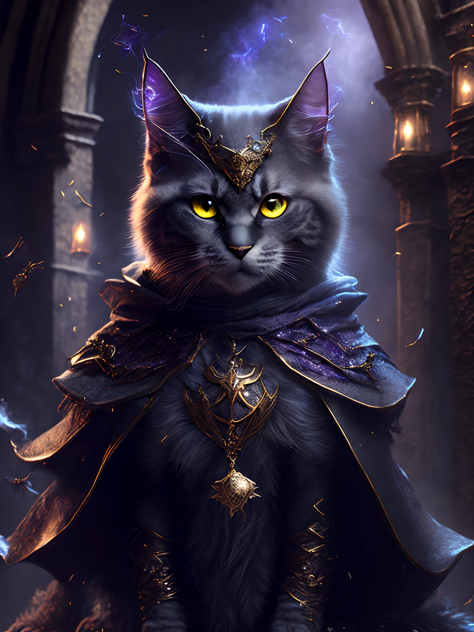 Close-up ( furry cat monster wearing a witch costume from Marvel in Goth style: 1.3) emerging from the witches castle, extremely detailed, smoke, sparks, metal shavings, flying debris, volumetric light