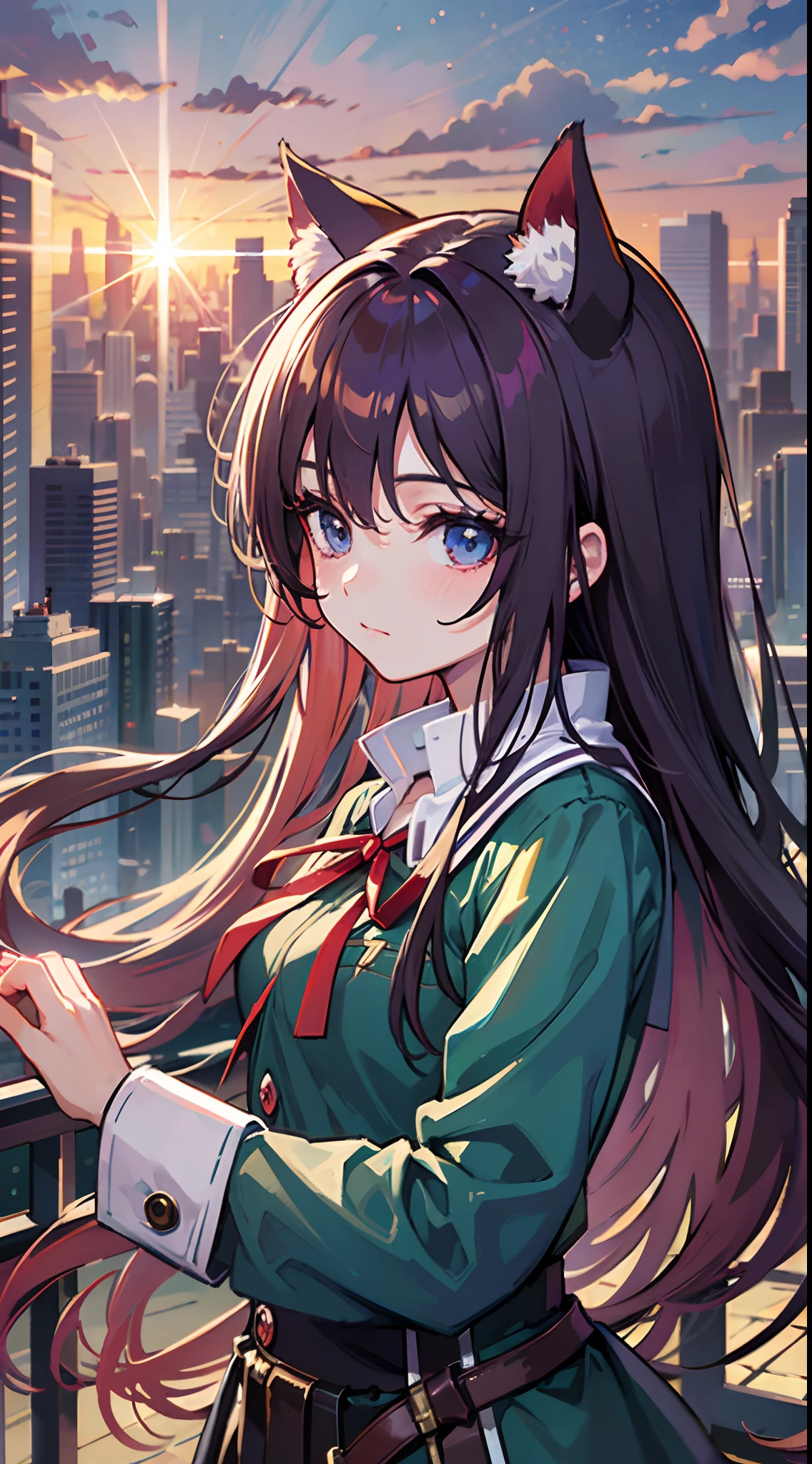 ((Best Quality, 8K)) Anime girl with long hair and cat ears standing in front of the city, Rin Tosaka, anime moe art style, anime style like Fate/stay night, anime girl with long hair, very cute anime girl face, nightcore, from the front line of girls, cute anime girl portrait, anime girl with cat ears, High quality anime art style, "beautiful anime woman", red little ribbon on head