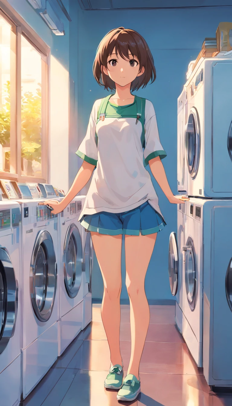 uma menina,realista, Em cima,varanda,Segurando roupas brancas de manga curta ,washing machine,Roupas para secar,Super Detalhe, Detalhes altos