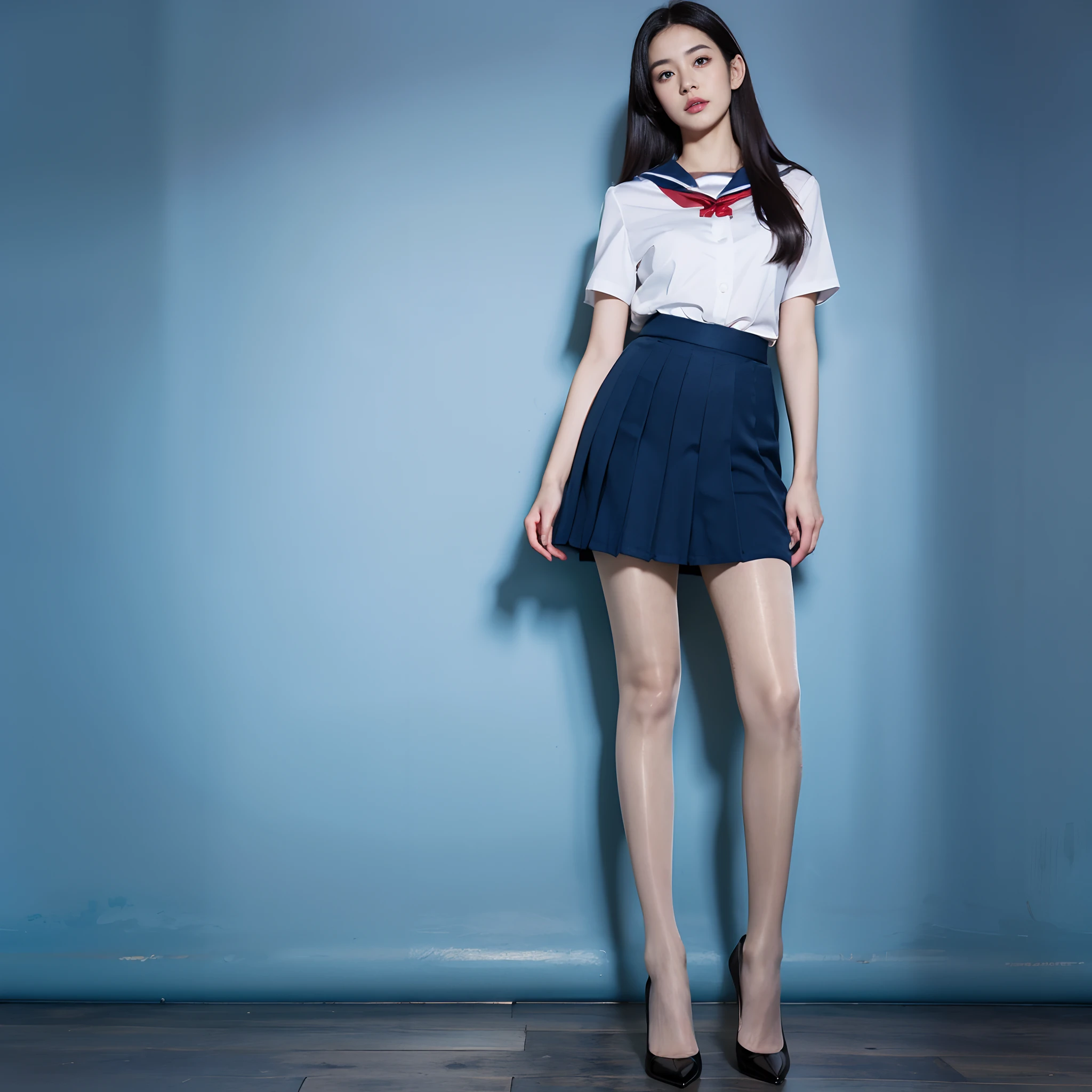 (Best quality, 8k, 32k, Masterpiece, UHD:1.2), Photo of Pretty Japanese woman, very short bob hair, (jumping: 1.5), smile, white shirt and white skirt, pumps, face focus, empty blue background