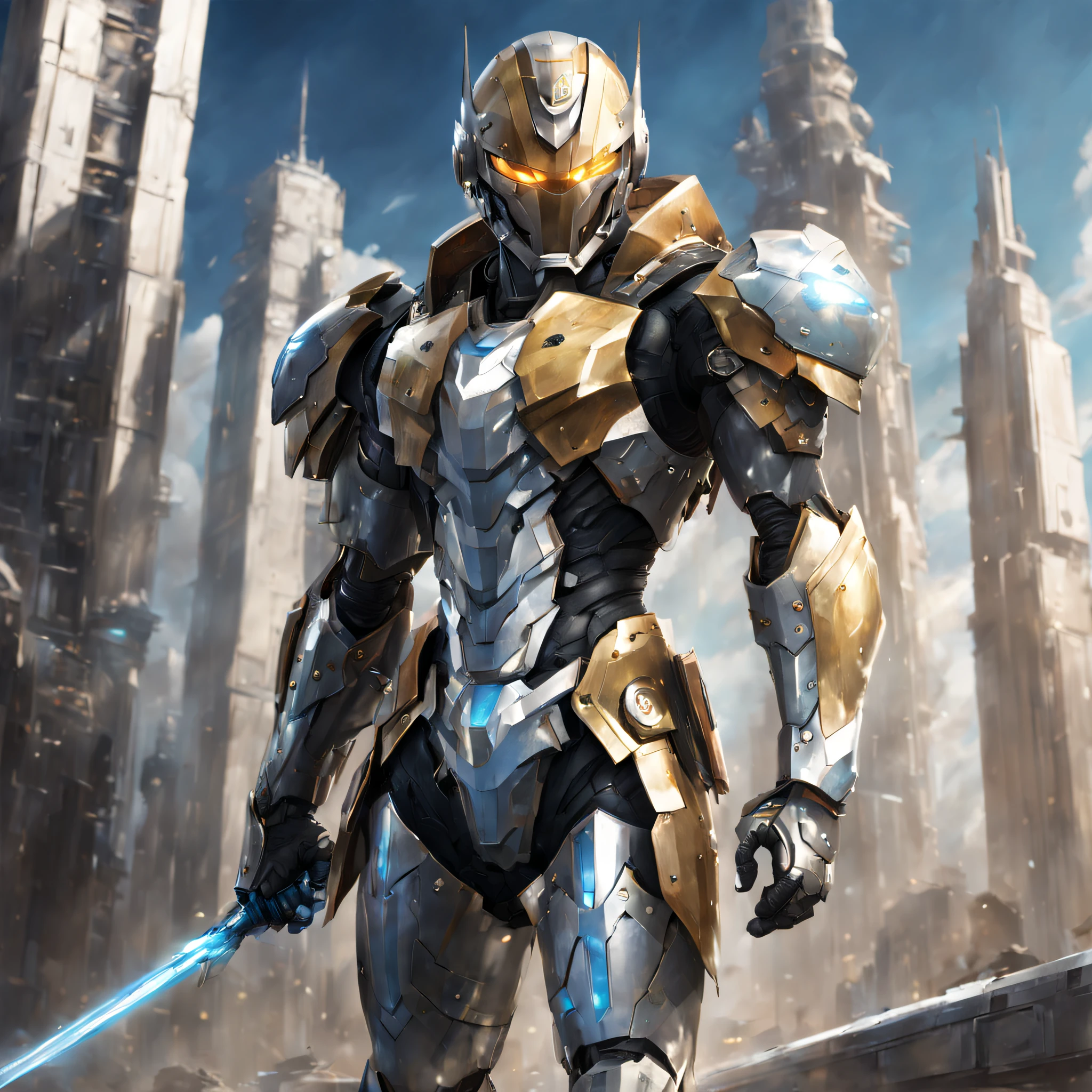 The futuristic battlefield is a sight to behold, with towering buildings and advanced machinery as far as the eye can see. In the midst of it all stands a determined young warrior, his flowing blonde short hair and piercing blue eyes a stark contrast to the metal and concrete around him. With his intricate suit of technologically advanced armor and helmet, he is a force to be reckoned with. As he grips two extraordinary swords, the air around him seems to hum with power and potential.