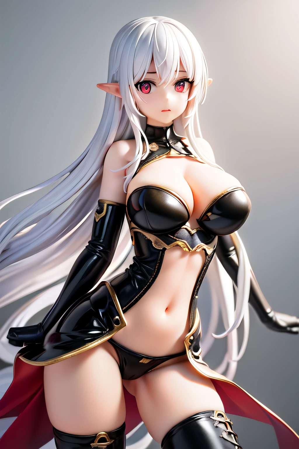 1girl, solo, standing, full body, (masterpiece, best quality:1.2), (HDR, ultra detailed:1.2), (extremely detailed CG:1.2), (8k:1.1), fantasy, epic scenery, detailed background, (depth of field: 1.2), ray tracing, cinematic lighting, intense shadow, volumetric lighting, light reflection, god ray, (shiny:1.2), (photorealistic:0.8), elf, (deep red eyes:1.2), eyelashes, alluring face, very long reflective white hair, gradient hair, oily skin, collarbone, bellybutton, cameltoe, large_breasts, huge_breasts, covered_, wide_hips, (shoulder_armor:1.1), elven_crown, collar, (latex, enamel:1.4), (see-through, pantyhose:1.2 ), bikini, highleg_leotard, elbow_gloves, (high heel thigh high boots:1.2),