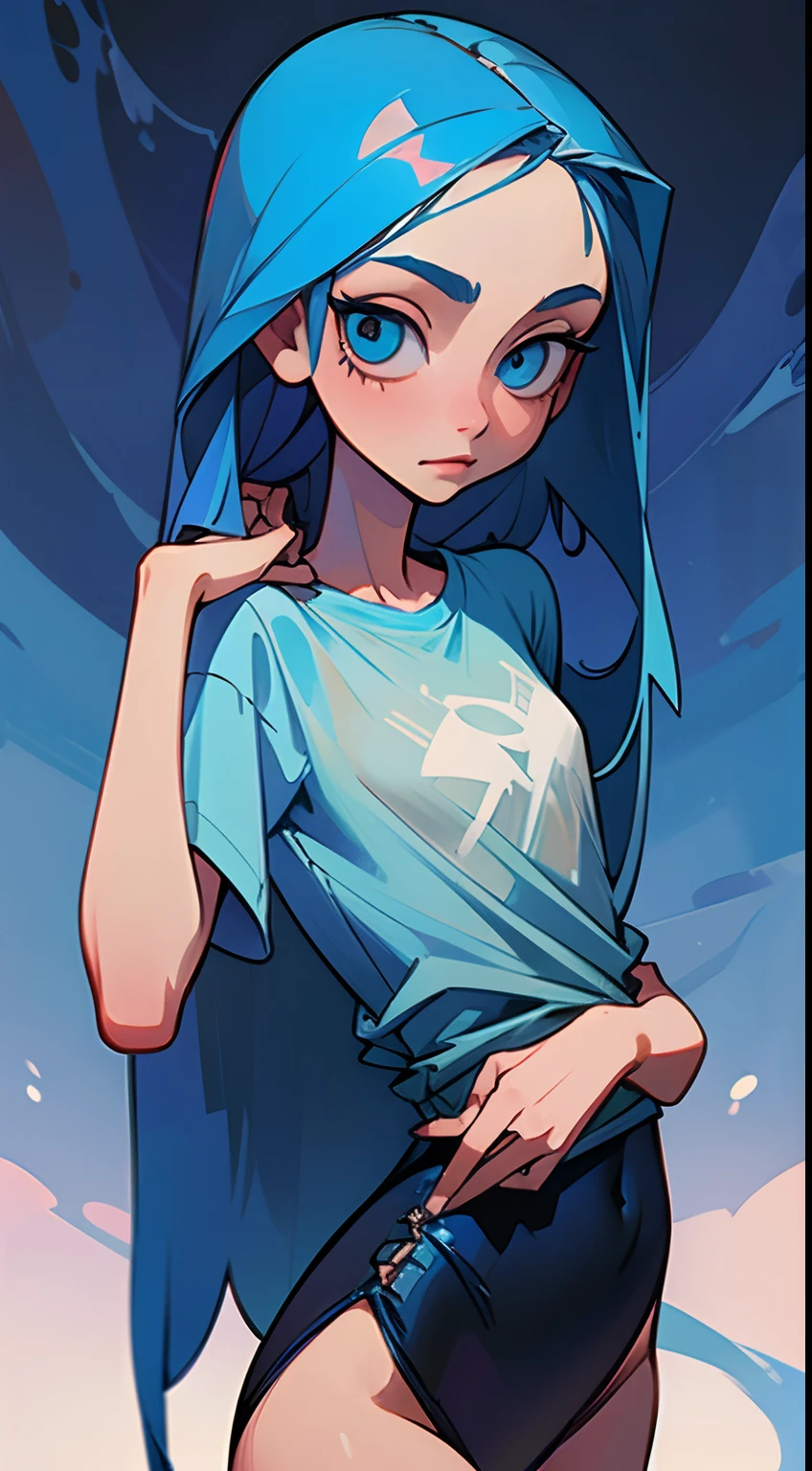 Girl with long blue hair, Slim, beatiful face, little chest, Depraved, Sexy, in one wet t-shirt, Full-length