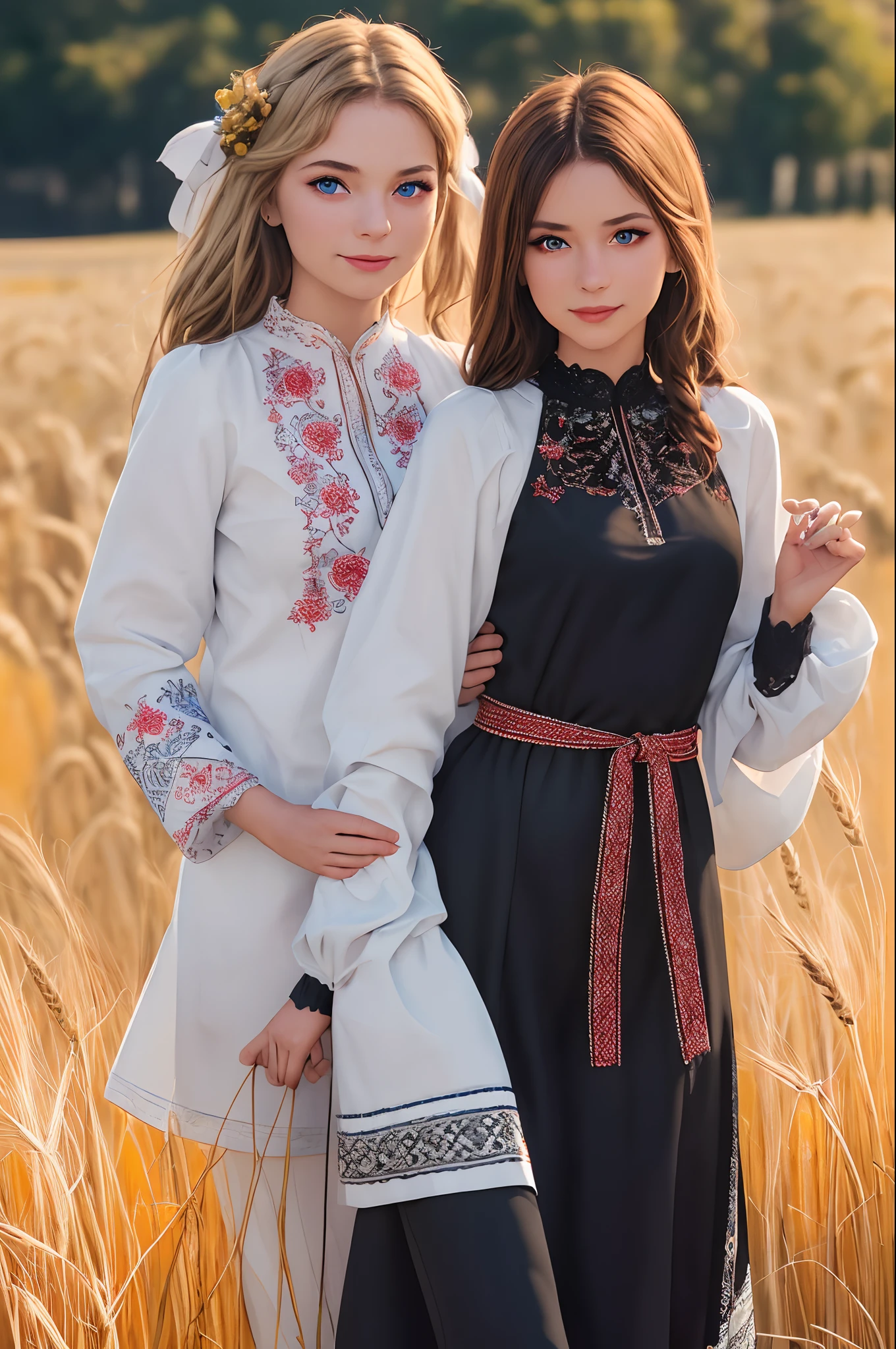 professional photo of  of two girls, Embroidery pattern,ailk lace,see-through, russia, red blue yellow, intricate, detailed, detailed skin, detailed eyes, photo made with Canon EOS, volumetric light, wheat field, popular on artstation, popular on deviantart, popular on flicker,