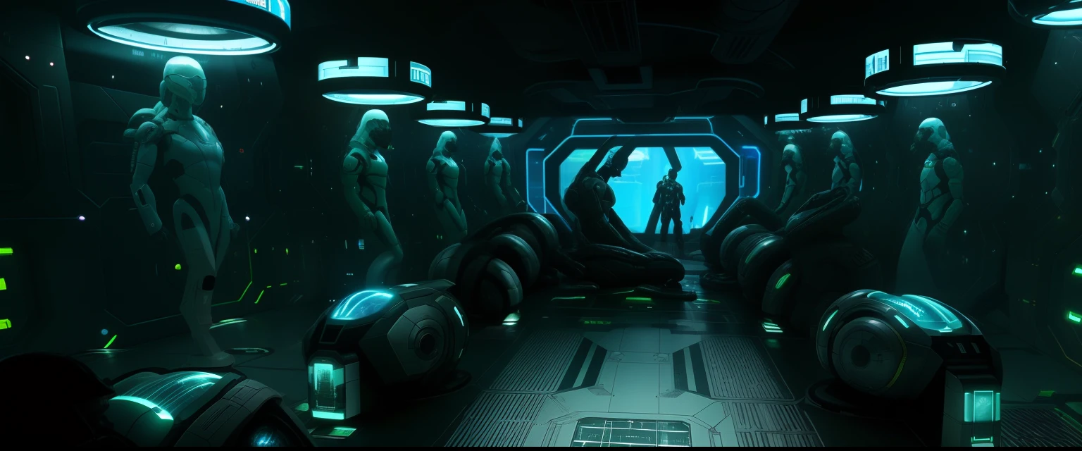 Hay muchas estatuas en el pasillo de un edificio, Prometheus Alien Engineering, Futuristic cloning installation, depicted as a scifi scene, Still from the movie Prometheus, Dark Sci - Scene from the Fiction Movie, Fotograma de Prometeo, Science fiction scene, Escena Sci - Fi, Arte conceptual de Resident Evil Virus, Dentro de una base militar futurista, Pasillo de naves espaciales embrujadas, Science fiction scene