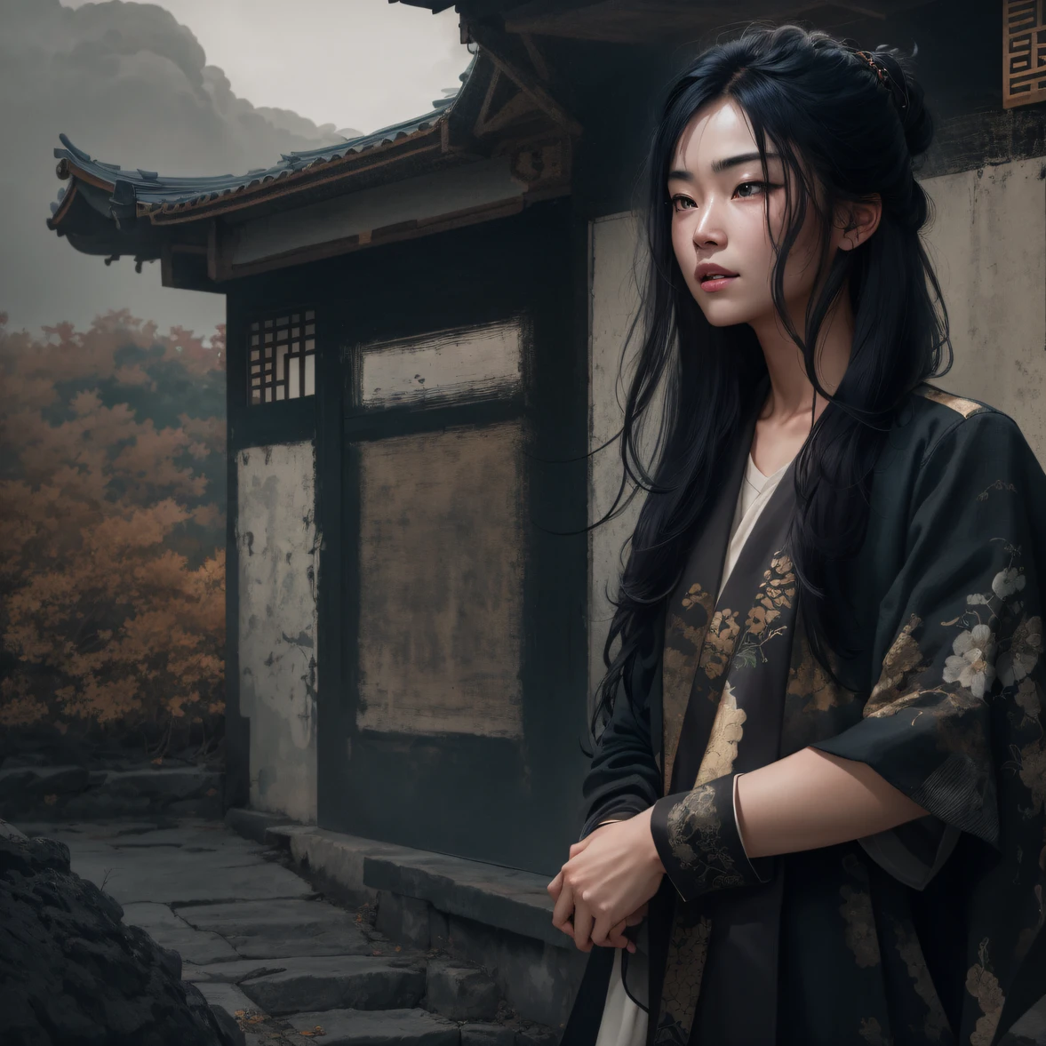 Side 32K，exteriors，Roof，People are small（tmasterpiece，k hd，hyper HD，32K）Long flowing glossy black hair，Tang dynasty complex，zydink， a color，mid afternoon（canyons）， （Linen batik scarf）， Combat posture， looking at the ground， Linen bandana， Chinese python pattern long-sleeved garment， Morning（Abstract gouache splash：1.2）， Dark clouds lightning background，sprinkling（realisticlying：1.4），Black color hair，The dust is blowing，Background fog， A high resolution， the detail， RAW photogr， Sharp Re， Nikon D850 Film Stock Photo by Jefferies Lee 4 Kodak Portra 400 Camera F1.6 shots, Rich colors, ultra-realistic vivid textures, Dramatic lighting, Unreal Engine Art Station Trend, cinestir 800，Flowing and shiny black hair,（（（National style building）））Full-body side