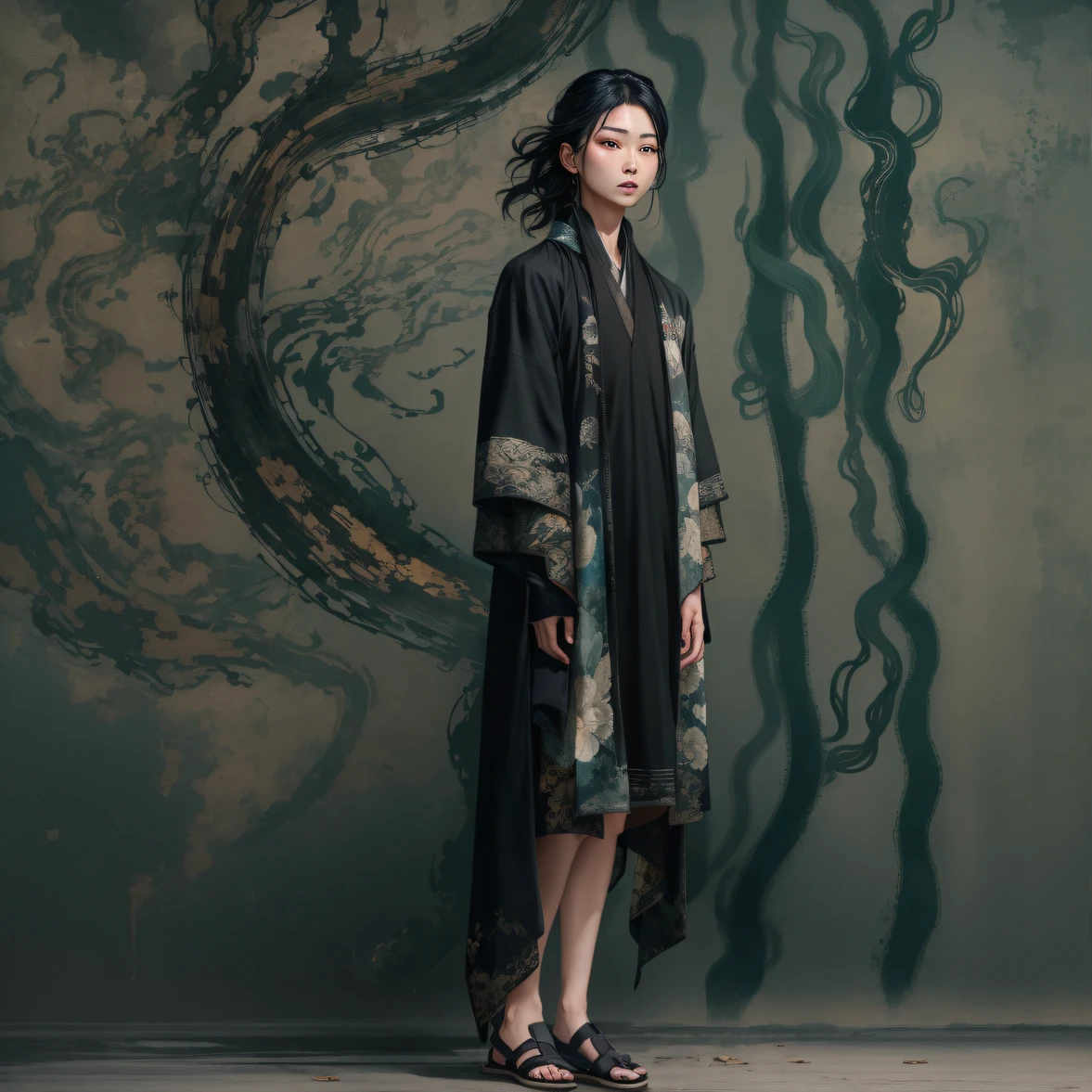 Side 32K,exteriors,Roof,People are small(tmasterpiece,k hd,hyper HD,32K)Long flowing glossy black hair,Tang dynasty complex,zydink, a color,mid afternoon(canyons), (Linen batik scarf), Combat posture, looking at the ground, Linen bandana, Chinese python pattern long-sleeved garment, Morning(Abstract gouache splash:1.2), Dark clouds lightning background,sprinkling(realisticlying:1.4),Black color hair,The dust is blowing,Background fog, A high resolution, the detail, RAW photogr, Sharp Re, Nikon D850 Film Stock Photo by Jefferies Lee 4 Kodak Portra 400 Camera F1.6 shots, Rich colors, ultra-realistic vivid textures, Dramatic lighting, Unreal Engine Art Station Trend, cinestir 800,Flowing and shiny black hair,(((National style building)))Full-body side