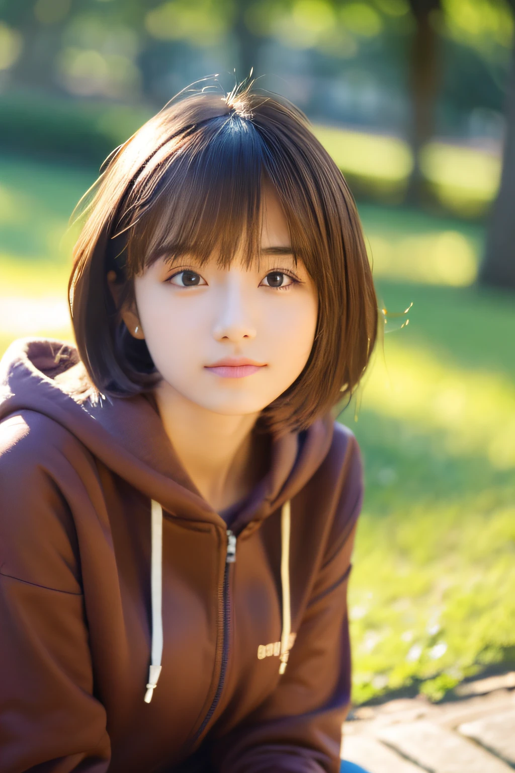top-quality、ultra-detailliert、​masterpiece、realisitic、Photo Real、one girls、(Cute 17 year old girl、small head)、(kawaii:1.2)、smil、(Brown hair、Short bob hair)、eyes are brown、perfect glossy skin、Double eyelids、with round face、((A slender))、((Perfect body))、accurate depiction、Zippered hoodie、sitting on、large full breasts、Focus on the chest、Bright lighting、a park、Blur the background